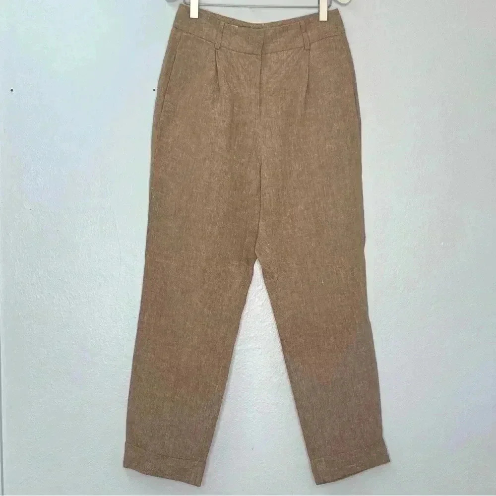 PESERICO Handmade Tailored Linen Tapered Pants‎ Cuffed Hem front pleated Sz 10